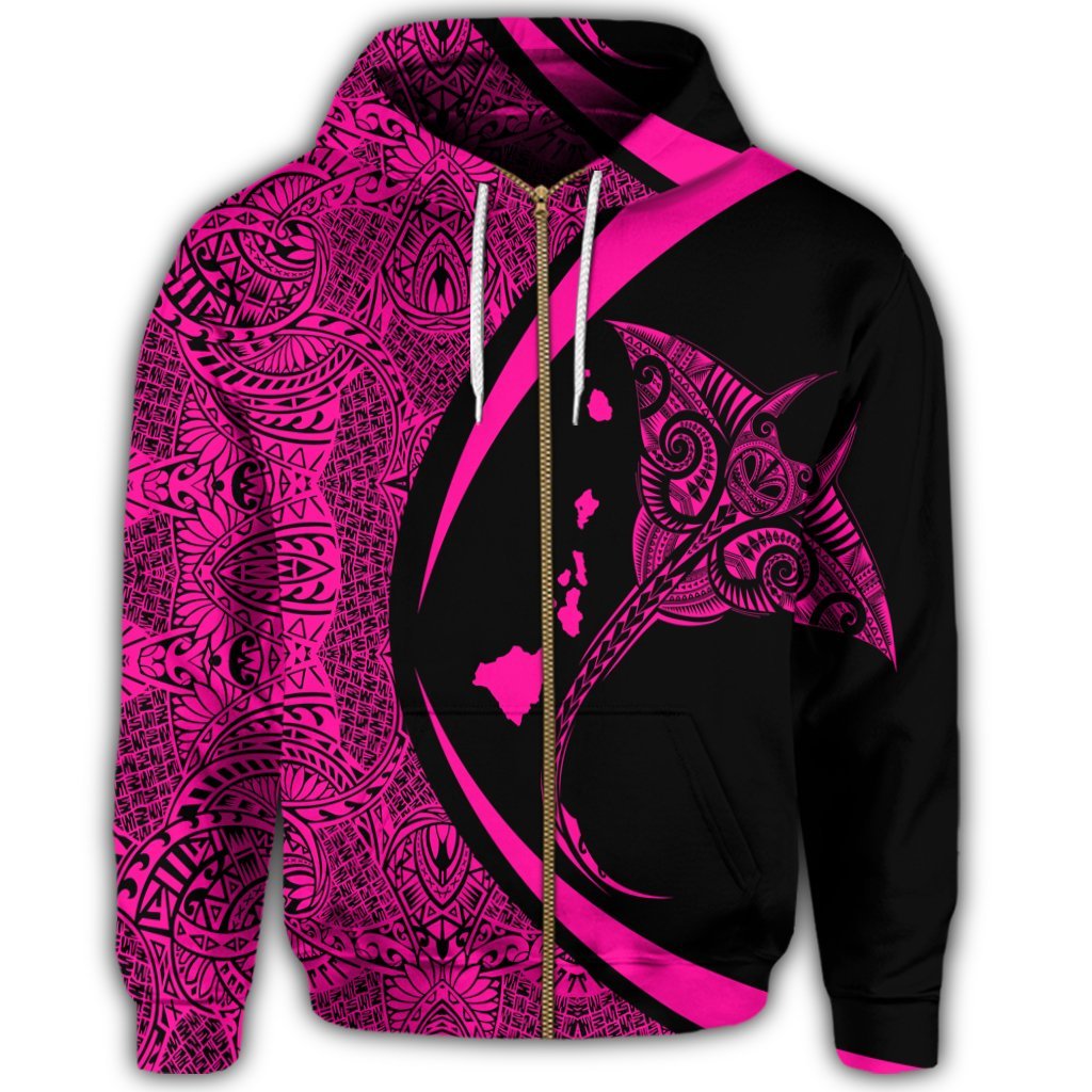 Hawaiian Map Manta Ray Polynesian Zip Hoodie Pink - Polynesian Pride