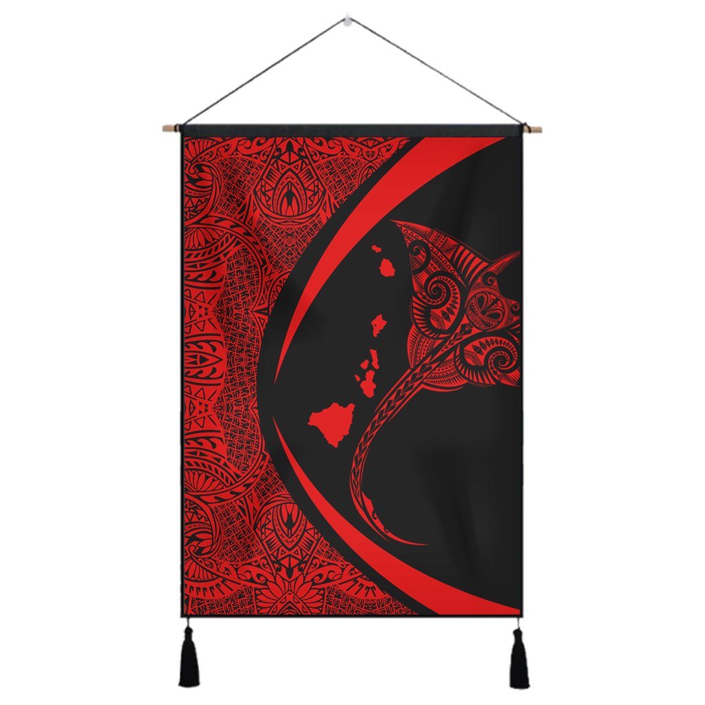 Hawaiian Map Manta Ray Polynesian Hanging Poster - Red - AH Hanging Poster Cotton And Linen - Polynesian Pride