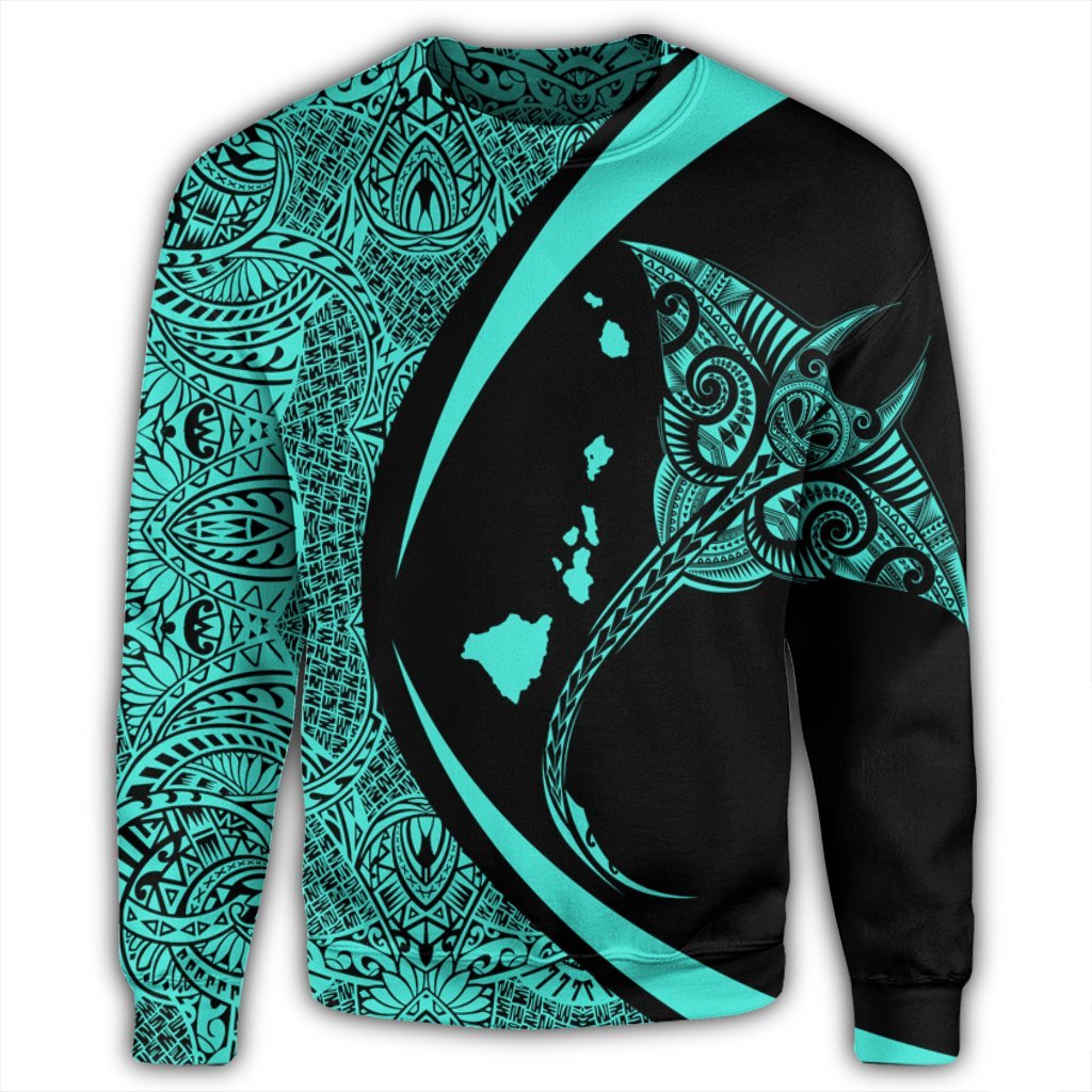 Hawaiian Map Manta Ray Polynesian Sweatshirt - Turquoise - Circle Style - AH - Polynesian Pride