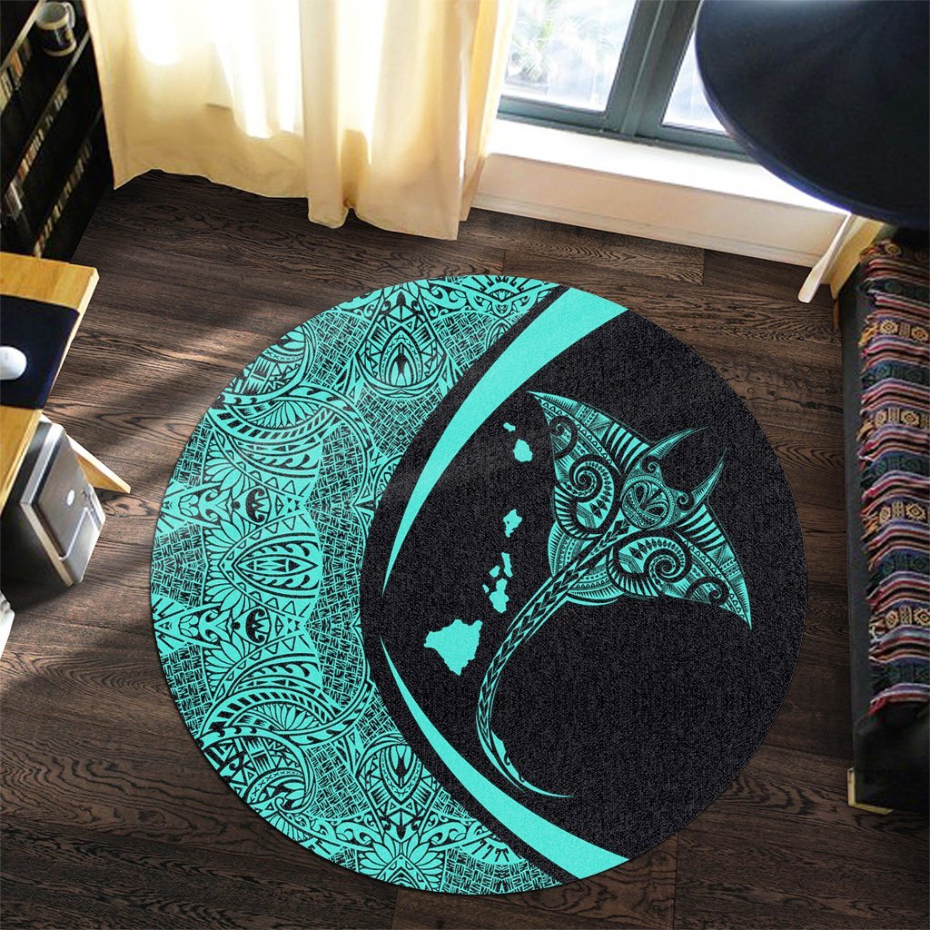 Hawaiian Map Manta Ray Polynesian Round Carpet - Turquoise - Circle Style - AH - Polynesian Pride