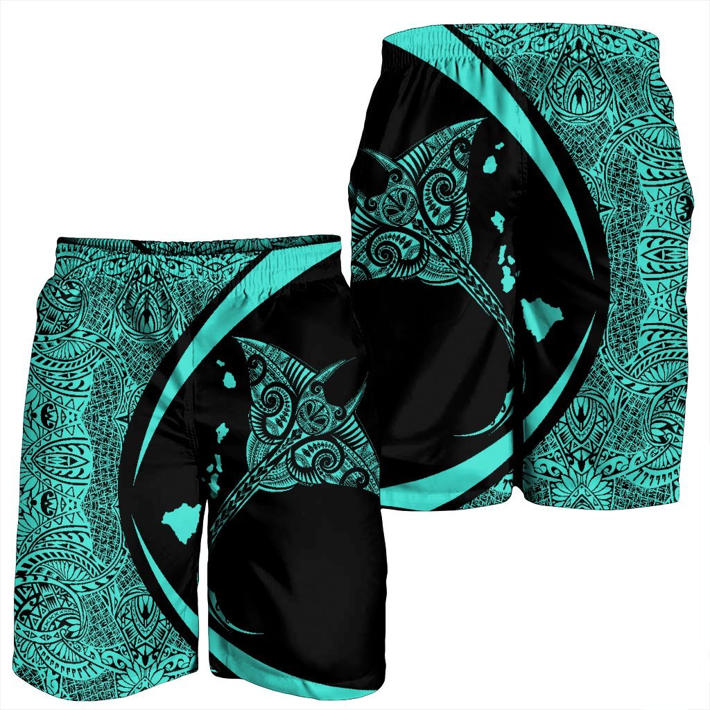 Hawaiian Map Manta Ray Polynesian Men's Shorts - Turquoise - Circle Style - AH - Polynesian Pride