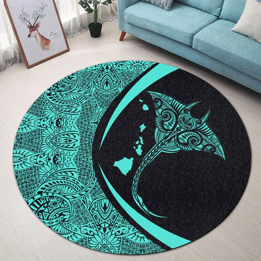 Hawaiian Map Manta Ray Polynesian Round Carpet - Turquoise - Circle Style - AH - Polynesian Pride