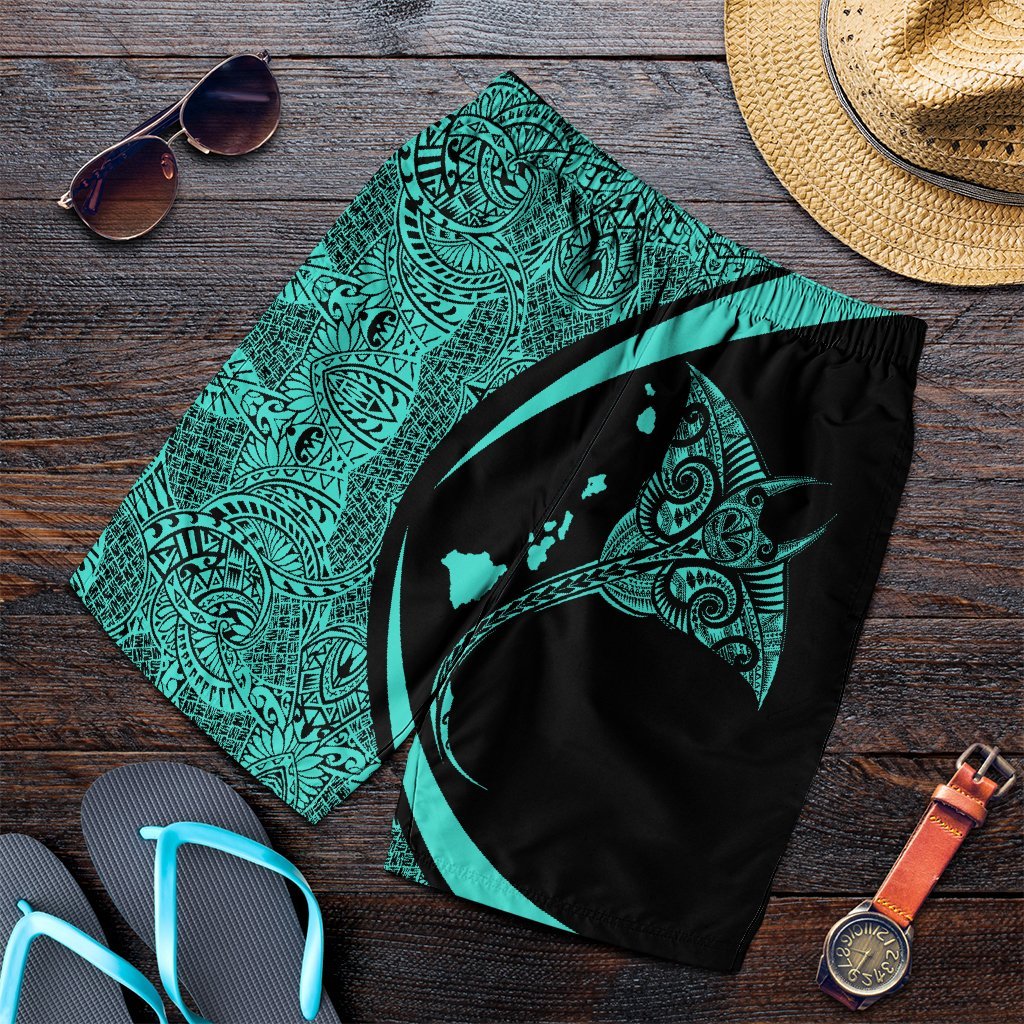 Hawaiian Map Manta Ray Polynesian Men's Shorts - Turquoise - Circle Style - AH Art - Polynesian Pride