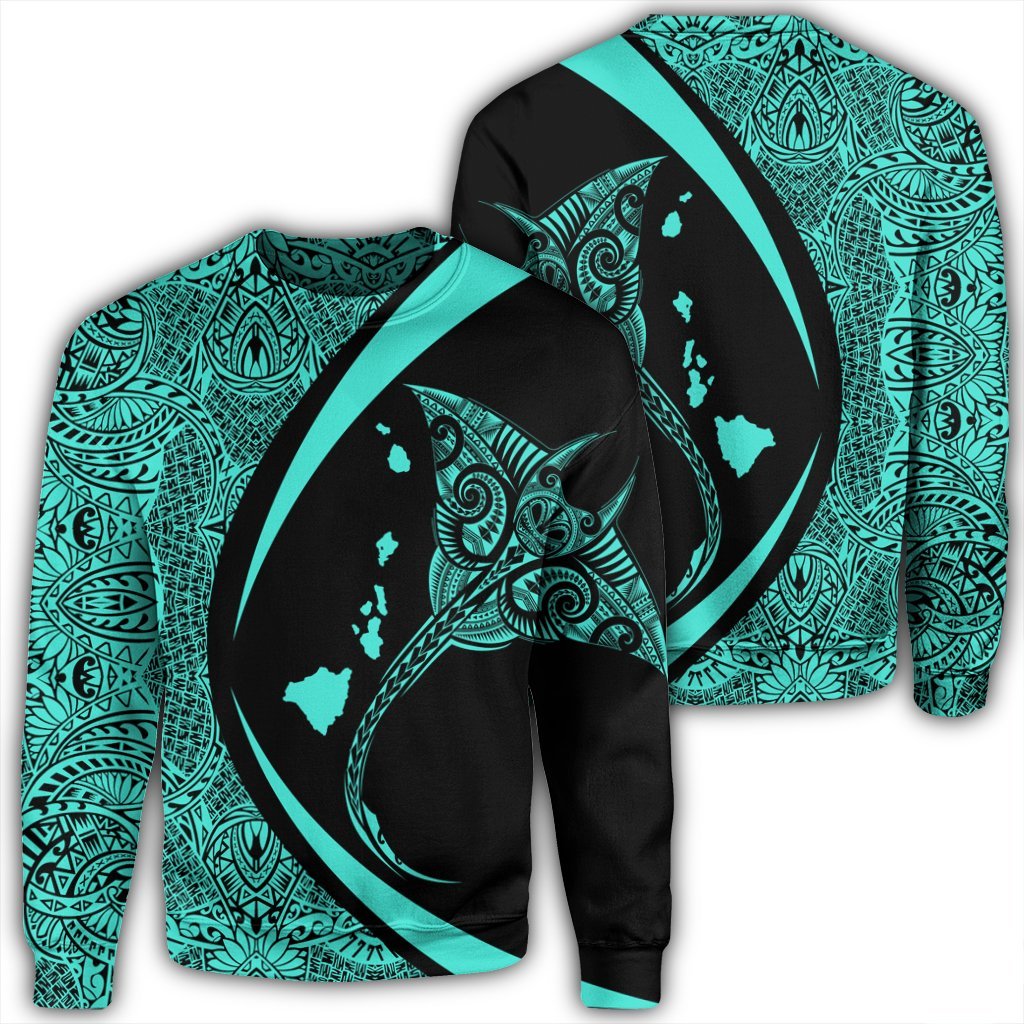 Hawaiian Map Manta Ray Polynesian Sweatshirt - Turquoise - Circle Style - AH Unisex Black - Polynesian Pride