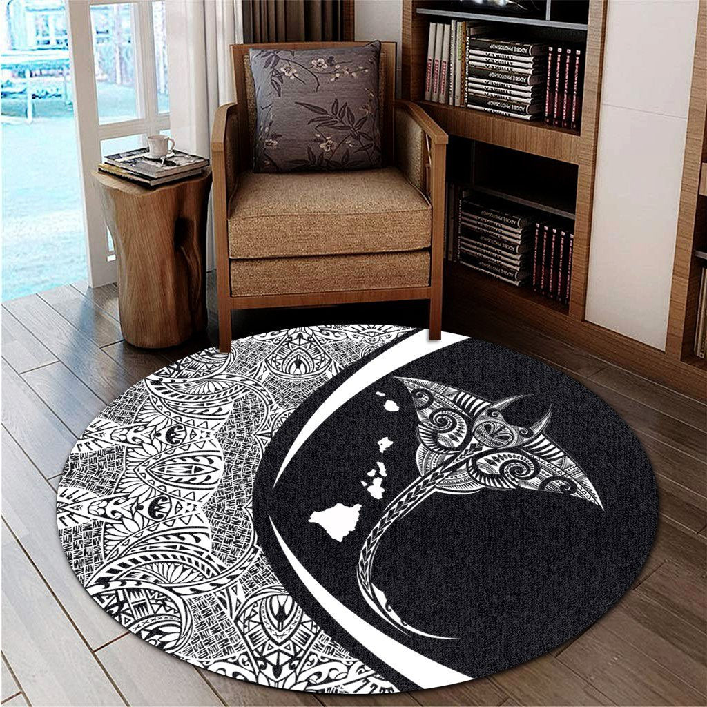 Hawaiian Map Manta Ray Polynesian Round Carpet - White - Circle Style - AH - Polynesian Pride