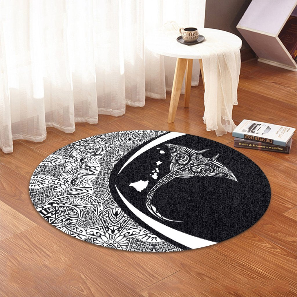 Hawaiian Map Manta Ray Polynesian Round Carpet - White - Circle Style - AH - Polynesian Pride