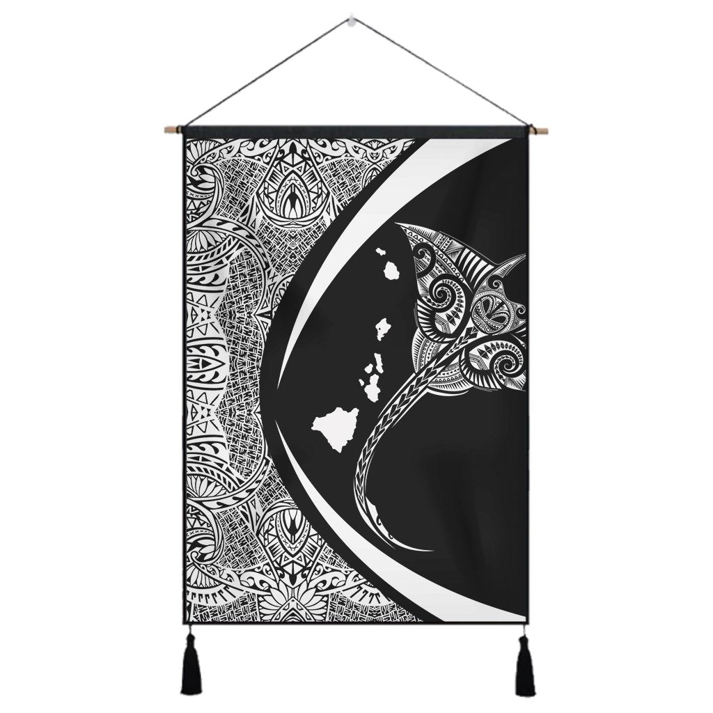 Hawaiian Map Manta Ray Polynesian Hanging Poster - White - Circle Style - AH Hanging Poster Cotton And Linen - Polynesian Pride