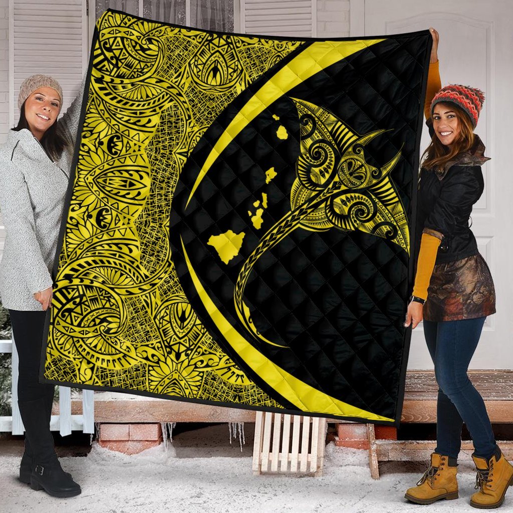 Hawaiian Map Manta Ray Polynesian Premium Quilts - Yellow - Circle Style - AH - Polynesian Pride