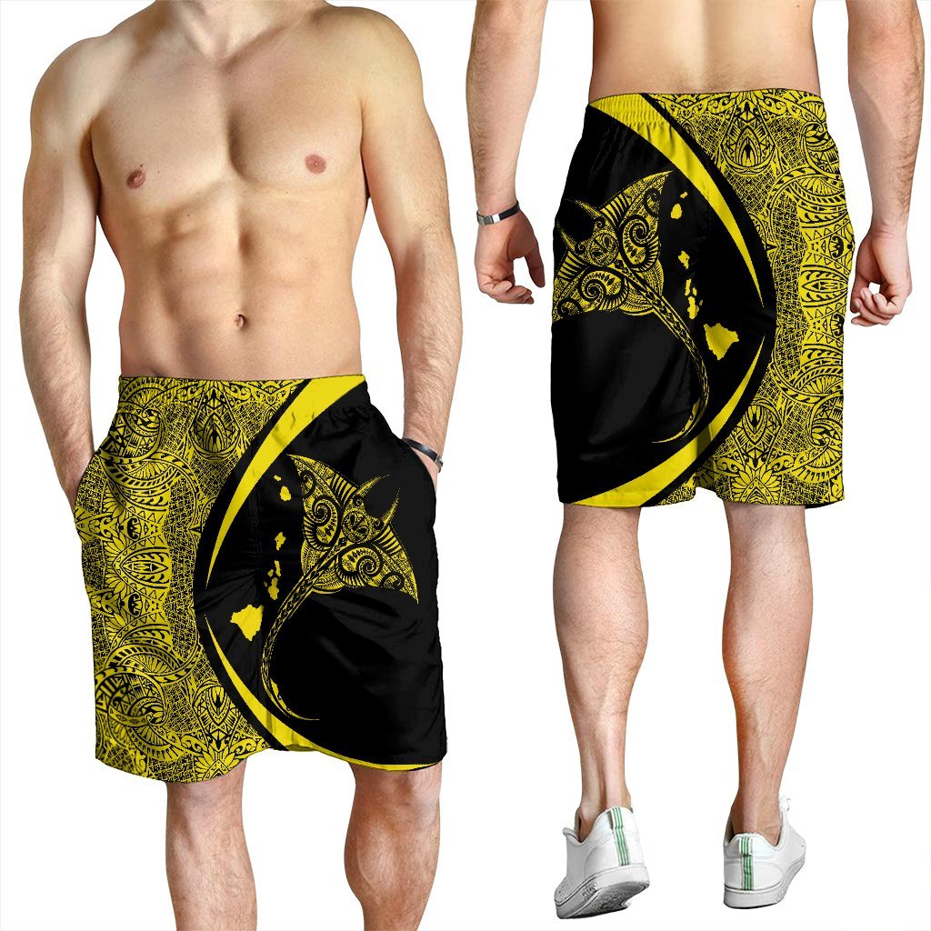 Hawaiian Map Manta Ray Polynesian Men's Shorts - Yellow - Circle Style - AH - Polynesian Pride