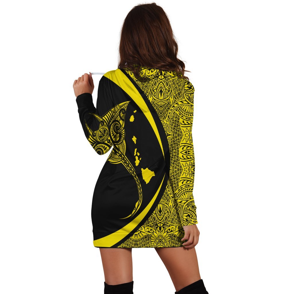 Hawaiian Map Manta Ray Polynesian Hoodie Dress - Yellow - Circle Style - AH - Polynesian Pride