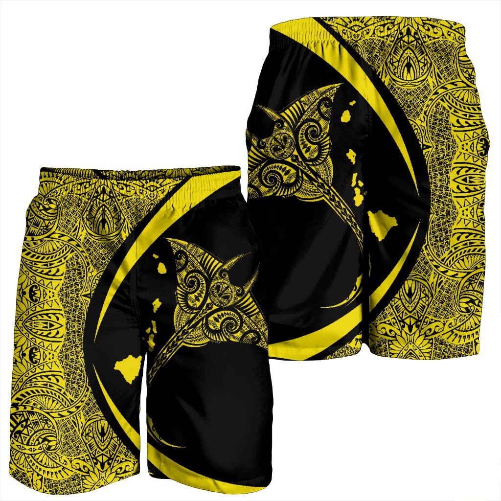 Hawaiian Map Manta Ray Polynesian Men's Shorts - Yellow - Circle Style - AH - Polynesian Pride