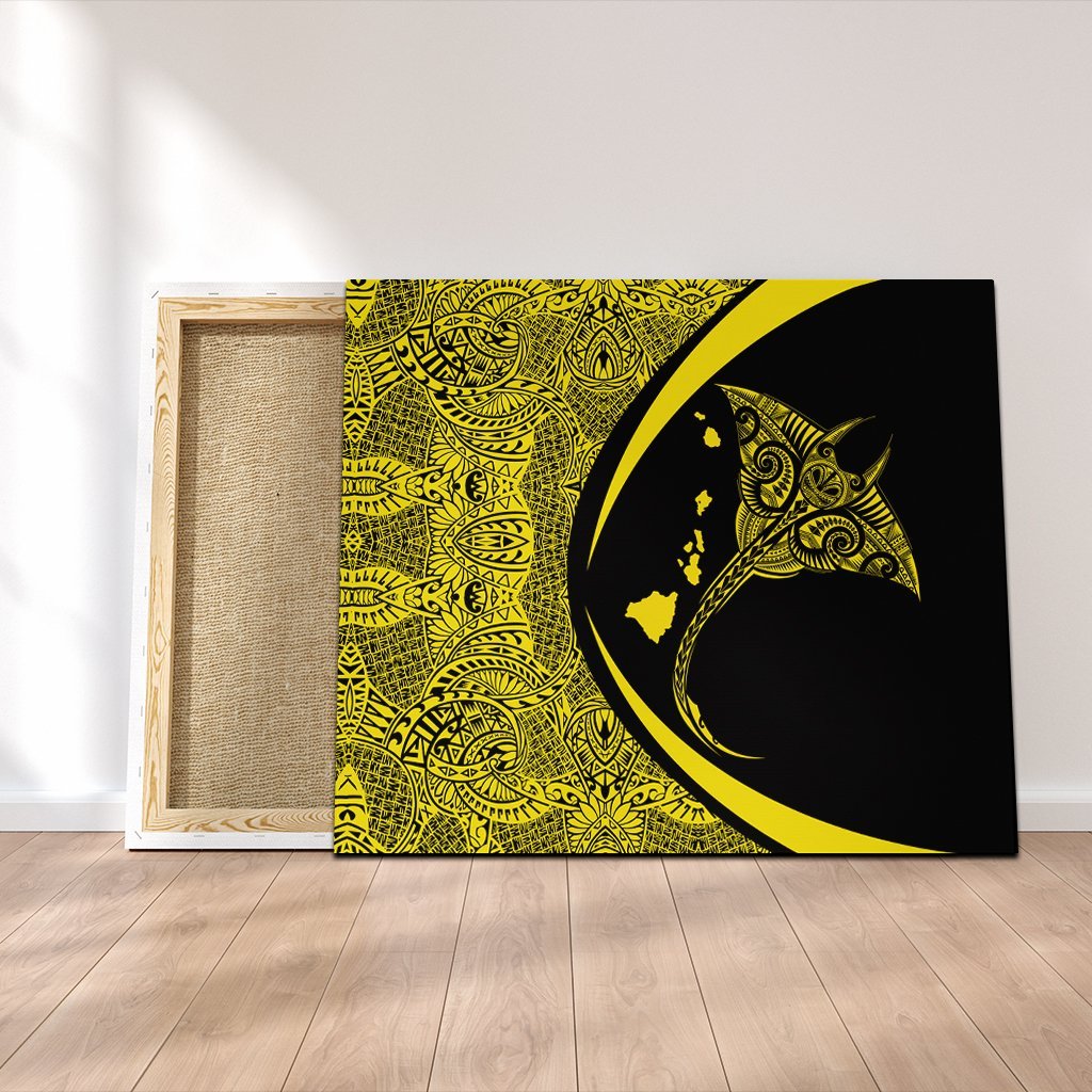 Hawaiian Map Manta Ray Polynesian Canvas - Yellow - Circle Style - AH Canvas Poly-cotton - Polynesian Pride