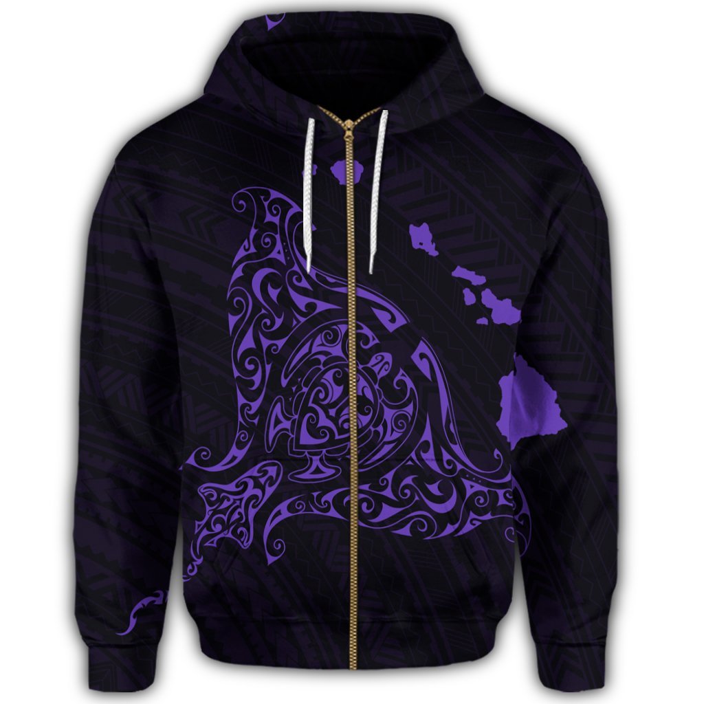 Hawaiian Map Manta Ray Purple Polynesian Zip Hoodie - Polynesian Pride