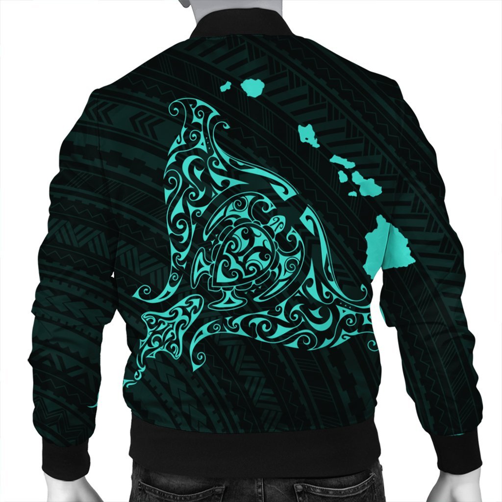 Hawaiian Map Manta Ray Turquoise Polynesian Bomber Jacket - AH - Polynesian Pride