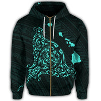 Hawaiian Map Manta Ray Turquoise Polynesian Zip Hoodie - Polynesian Pride