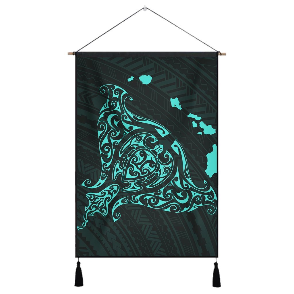 Hawaiian Map Manta Ray Turquoise Polynesian Hanging Poster - AH Hanging Poster Cotton And Linen - Polynesian Pride