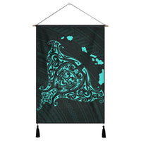Hawaiian Map Manta Ray Turquoise Polynesian Hanging Poster - AH Hanging Poster Cotton And Linen - Polynesian Pride