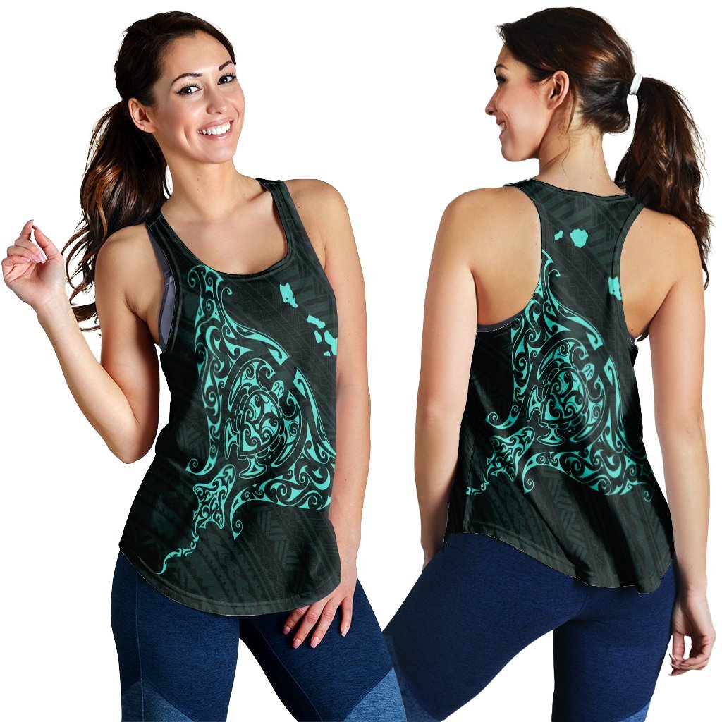 Hawaiian Map Manta Ray Turquoise Polynesian Racerback Tank - AH Black - Polynesian Pride