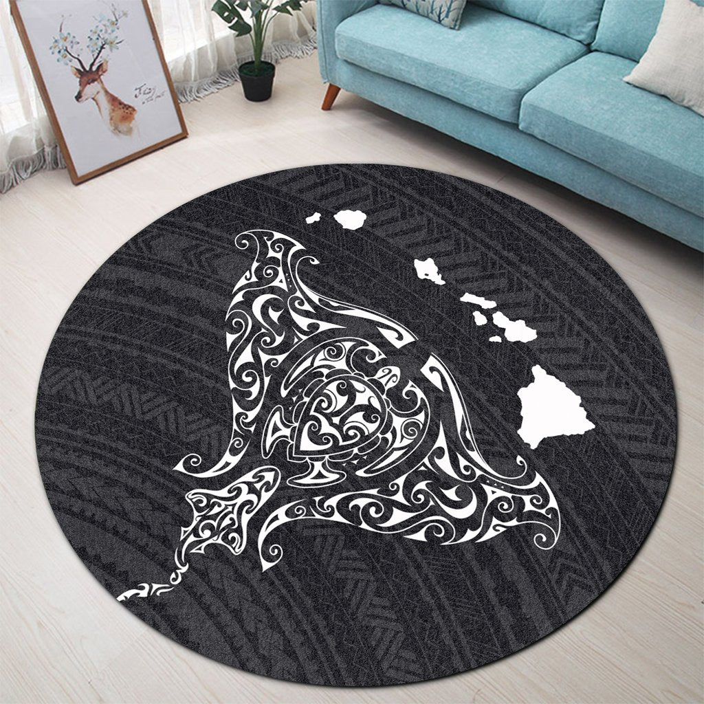 Hawaiian Map Manta Ray White Polynesian Round Carpet - AH - Polynesian Pride