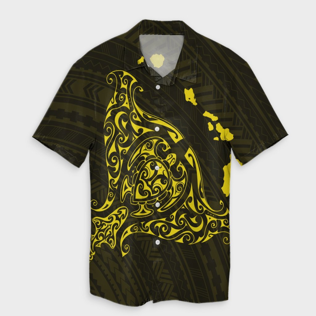 Hawaiian Map Manta Ray Yellow Polynesian Hawaiian Shirt - AH Unisex Black - Polynesian Pride