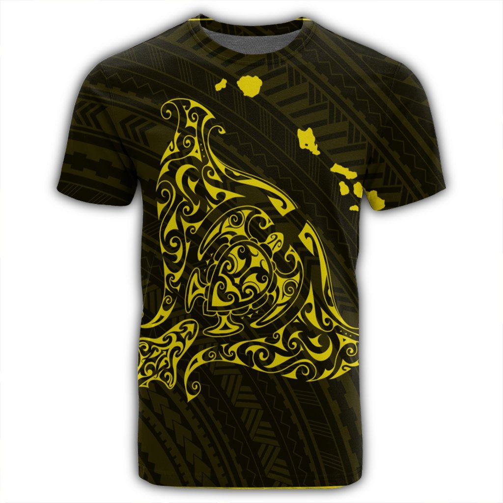 Hawaiian Map Manta Ray Yellow Polynesian T Shirt - Polynesian Pride