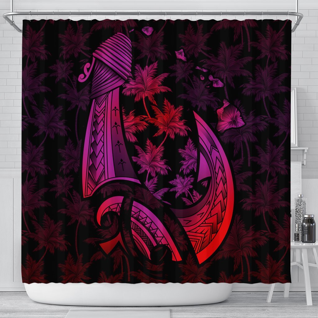 Hawaiian Map Palm Trees Fish Hook Polynesian Shower Curtain Colorful Red - AH 177 x 172 (cm) Black - Polynesian Pride