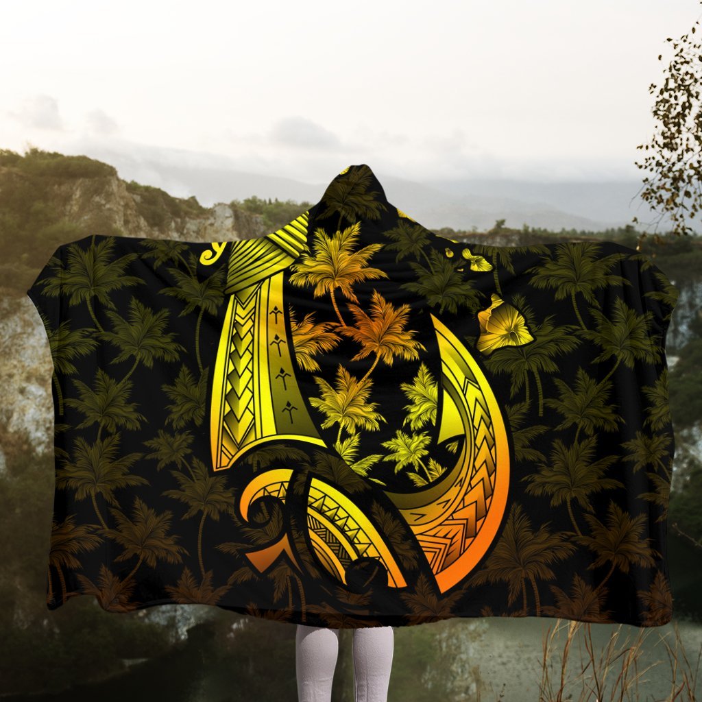 Hawaiian Map Palm Trees Fish Hook Polynesian Hooded Blanket Colorful Yellow - AH - Polynesian Pride