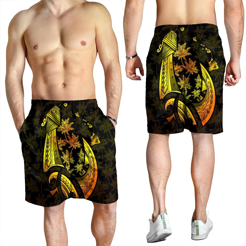 Hawaiian Map Palm Trees Fish Hook Polynesian Men's Shorts Colorful Yellow - AH - Polynesian Pride