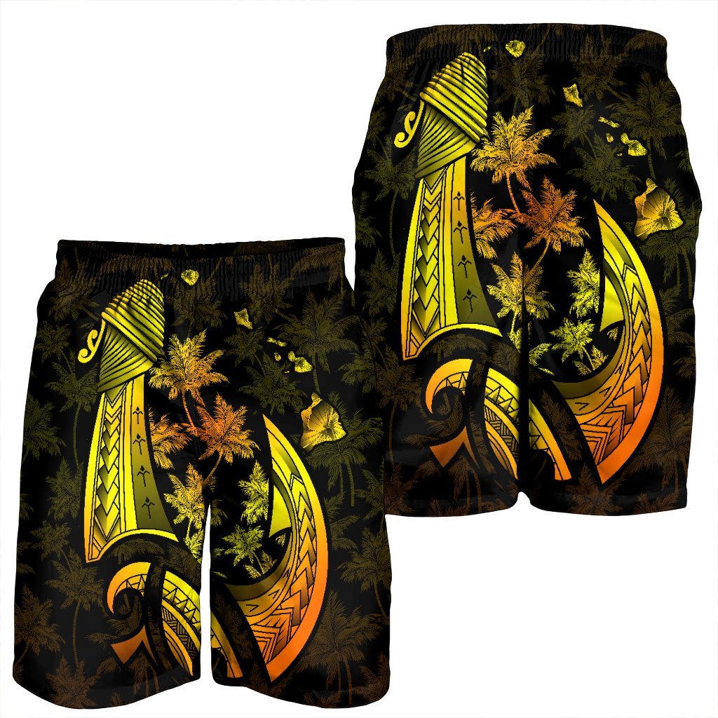 Hawaiian Map Palm Trees Fish Hook Polynesian Men's Shorts Colorful Yellow - AH - Polynesian Pride