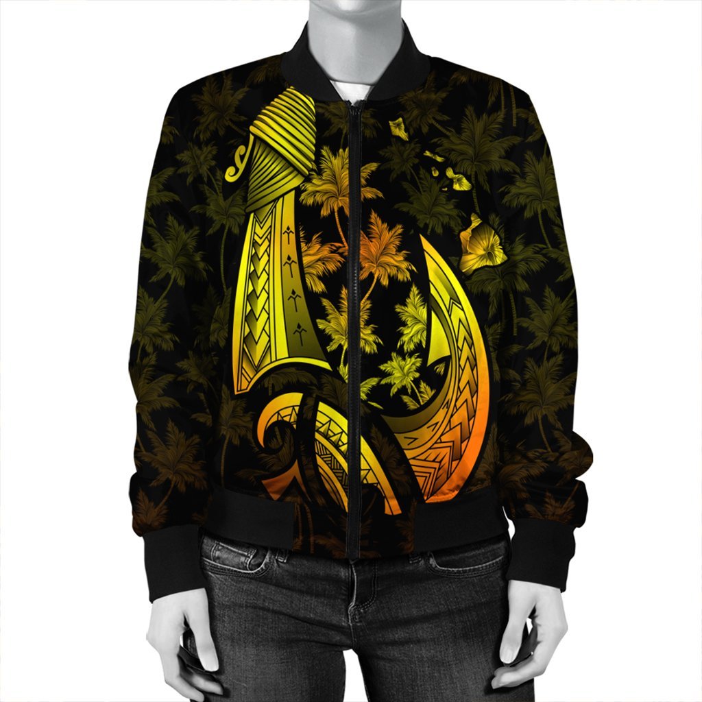 Hawaiian Map Palm Trees Fish Hook Polynesian Bomber Jacket Colorful Yellow - AH - Polynesian Pride