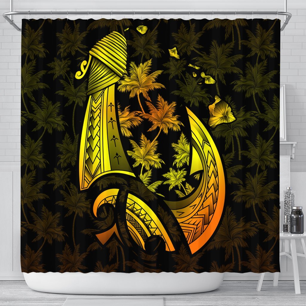 Hawaiian Map Palm Trees Fish Hook Polynesian Shower Curtain Colorful Yellow - AH 177 x 172 (cm) Black - Polynesian Pride