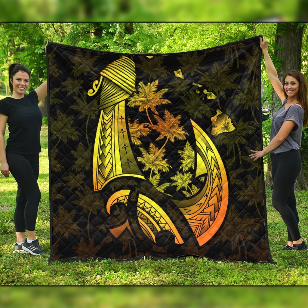 Hawaiian Map Palm Trees Fish Hook Polynesian Premium Quilts Colorful Yellow - AH Black - Polynesian Pride