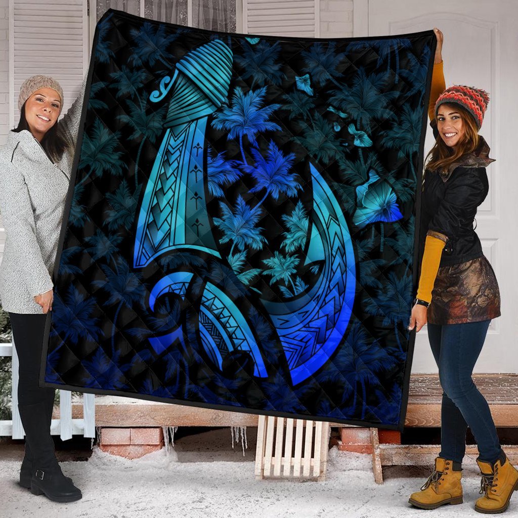 Hawaiian Map Palm Trees Fish Hook Polynesian Quilt Premium Quilts Colorful Blue - AH - Polynesian Pride