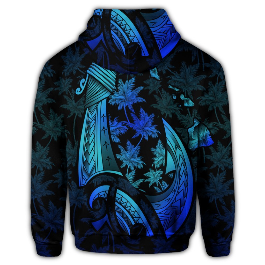 Hawaiian Map Palm Trees Fish Hook Polynesian Quilt Hoodie Colorful Blue - Polynesian Pride