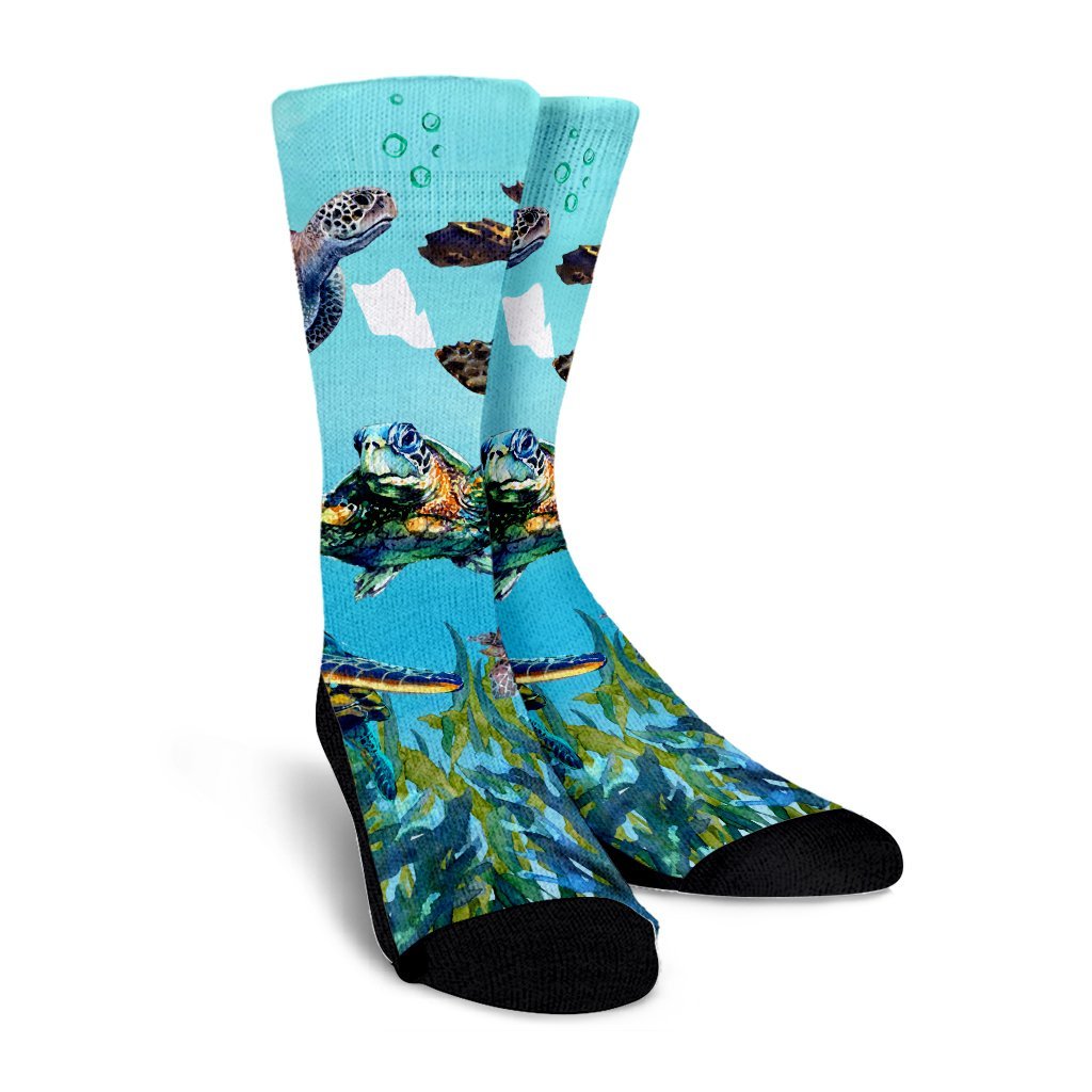 Hawaiian Map Sea Turtles Ocean Polynesian Crew Socks - AH - Polynesian Pride