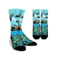 Hawaiian Map Sea Turtles Ocean Polynesian Crew Socks - AH Crew Socks White - Polynesian Pride
