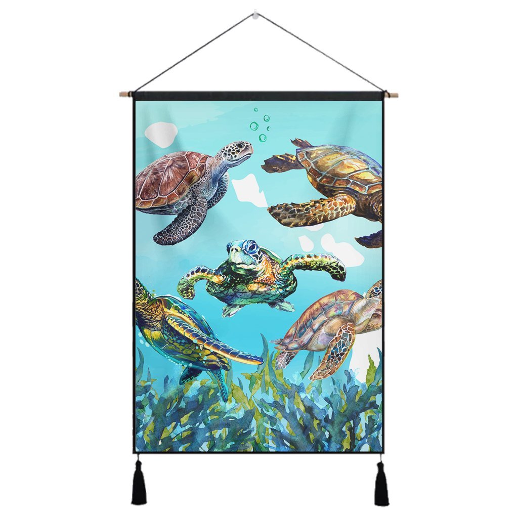 Hawaiian Map Sea Turtles Ocean Polynesian Hanging Poster - AH Hanging Poster Cotton And Linen - Polynesian Pride