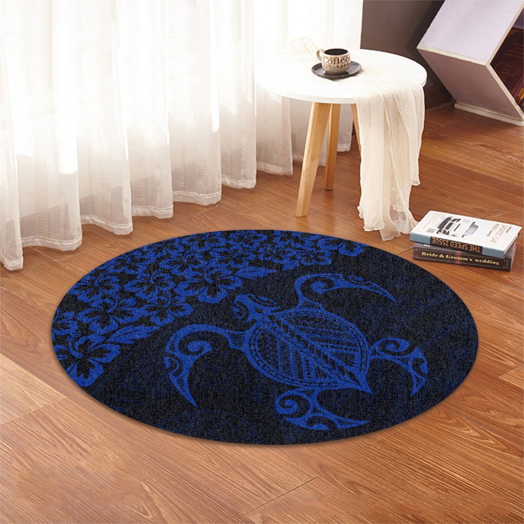 Hawaiian Map Turtle Hibiscus Kanaka Polynesian Round Carpet - Blue - AH - Polynesian Pride
