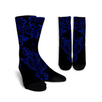 Hawaiian Map Turtle Hibiscus Kanaka Polynesian Crew Socks - Blue - AH Crew Socks White - Polynesian Pride