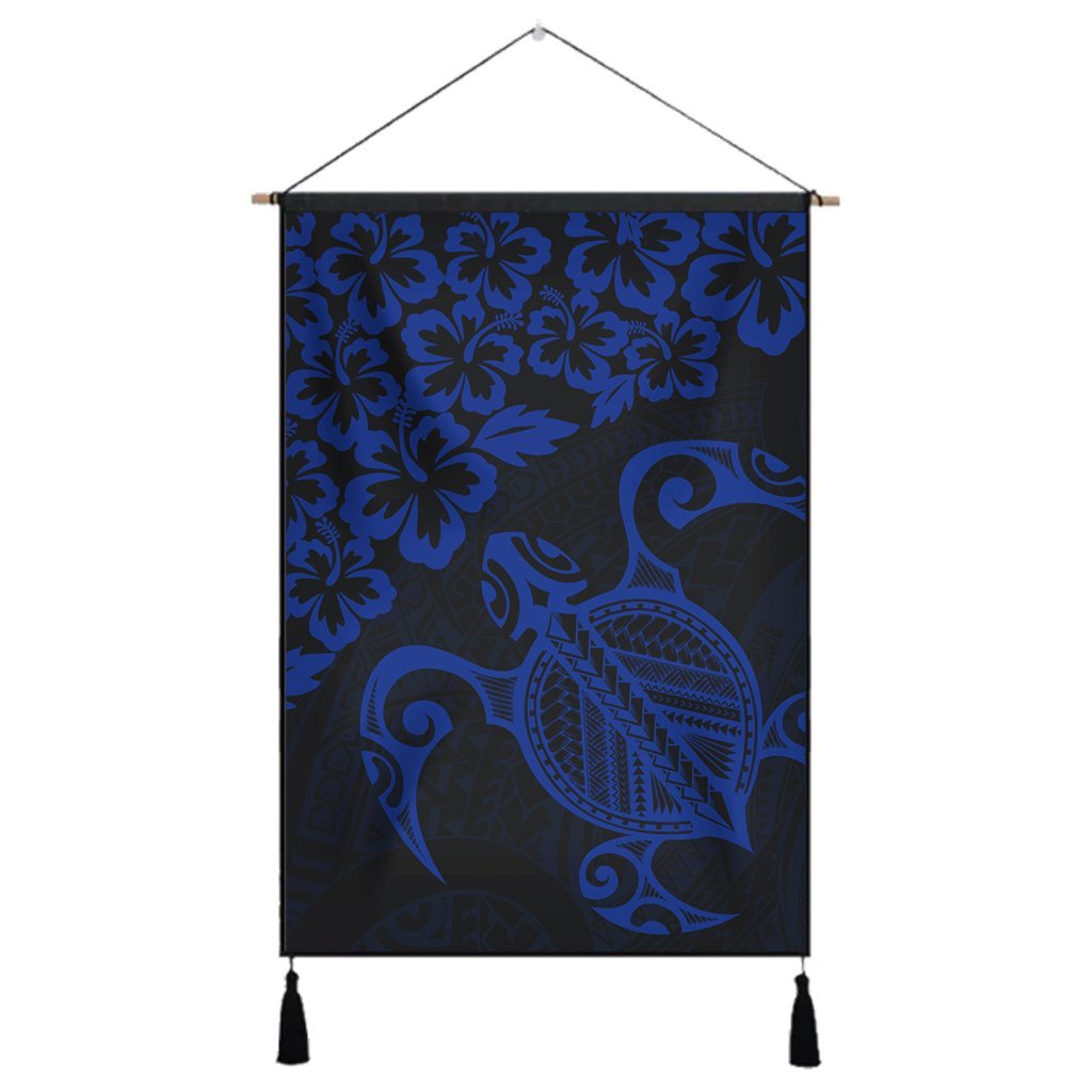 Hawaiian Map Turtle Hibiscus Kanaka Polynesian Hanging Poster - Blue - AH Hanging Poster Cotton And Linen - Polynesian Pride