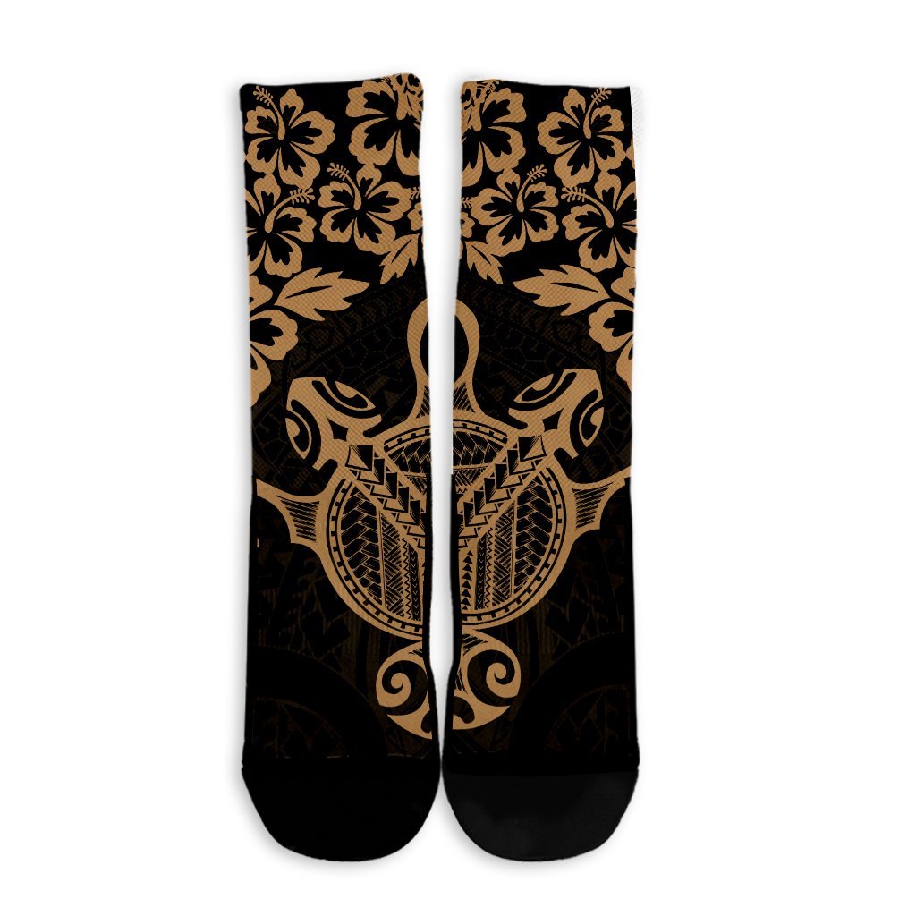 Hawaiian Map Turtle Hibiscus Kanaka Polynesian Crew Socks - Gold - AH - Polynesian Pride