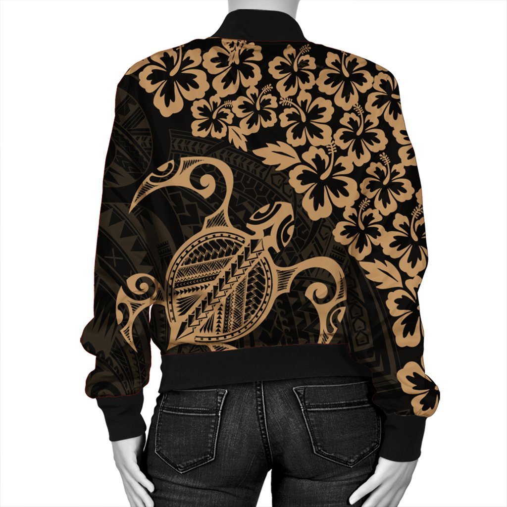 Hawaiian Map Turtle Hibiscus Kanaka Polynesian Bomber Jacket - Gold - AH - Polynesian Pride