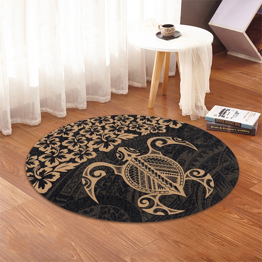 Hawaiian Map Turtle Hibiscus Kanaka Polynesian Round Carpet - Gold - AH - Polynesian Pride