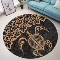 Hawaiian Map Turtle Hibiscus Kanaka Polynesian Round Carpet - Gold - AH - Polynesian Pride