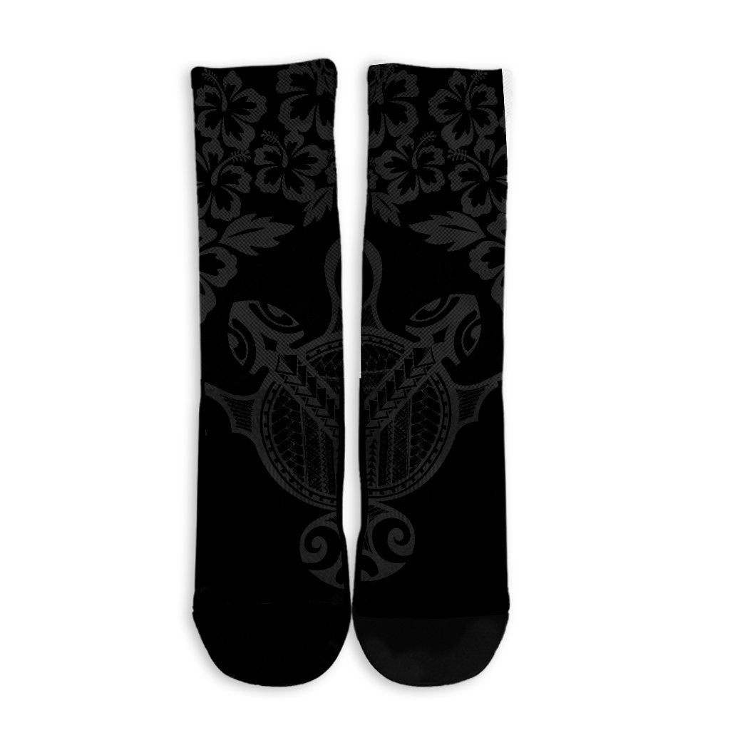 Hawaiian Map Turtle Hibiscus Kanaka Polynesian Crew Socks - Gray - AH - Polynesian Pride