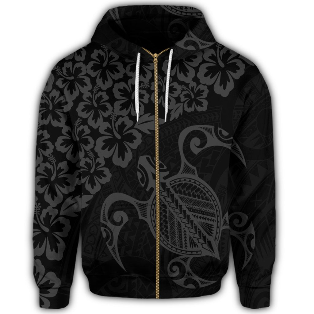 Hawaiian Map Turtle Hibiscus Kanaka Polynesian Zip Hoodie Gray - Polynesian Pride