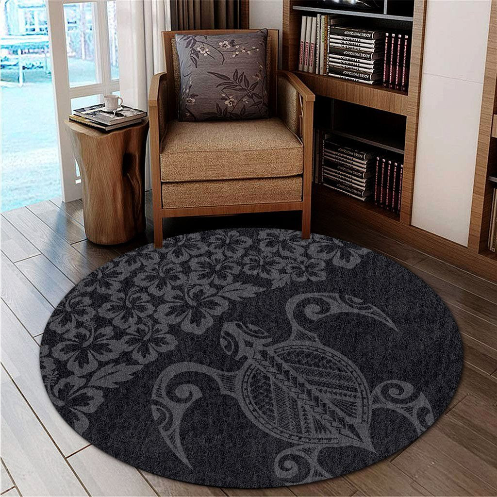 Hawaiian Map Turtle Hibiscus Kanaka Polynesian Round Carpet - Gray - AH - Polynesian Pride