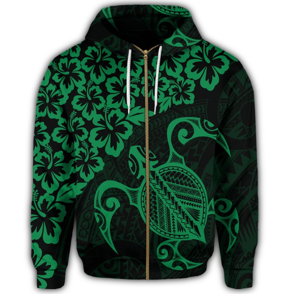 Hawaiian Map Turtle Hibiscus Kanaka Polynesian Zip Hoodie Green - Polynesian Pride
