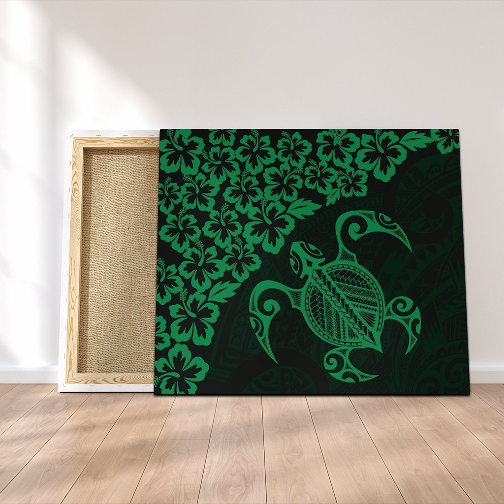 Hawaiian Map Turtle Hibiscus Kanaka Polynesian Canvas - Green - AH Canvas Poly-cotton - Polynesian Pride