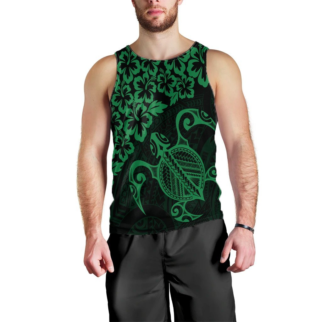 Hawaiian Map Turtle Hibiscus Kanaka Polynesian Tank Top - Green - AH Black - Polynesian Pride